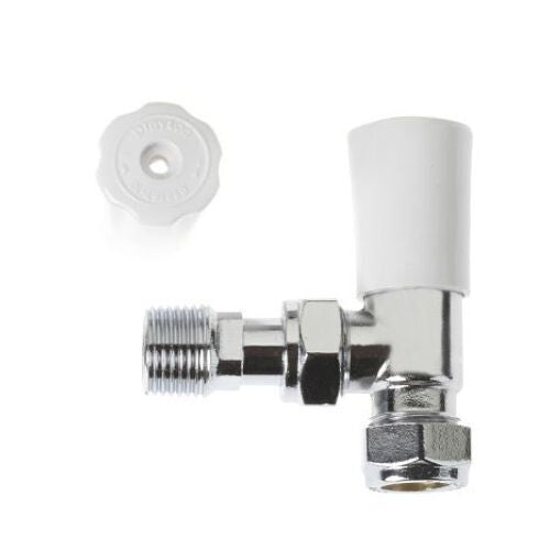 A Drayton angled 15mm lockshield radiator valve with a white and chrome finish.
