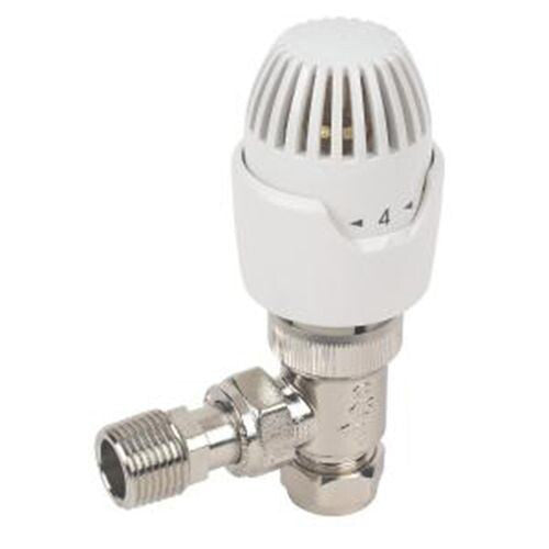 A Drayton RT212 angled 15mm thermostatic radiator valve with a white and chrome finish.