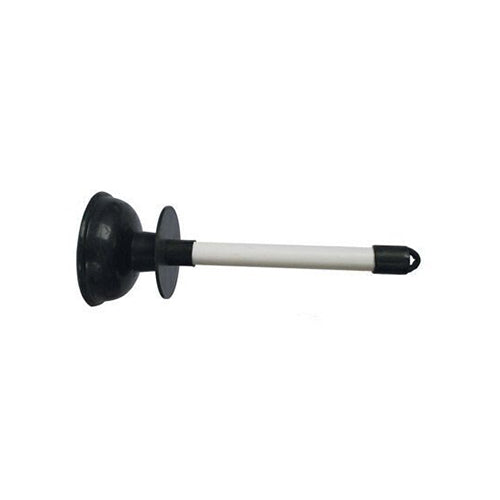 A 5 inch black rubber cup hand plunger with a white metal handle and black rubber tip.