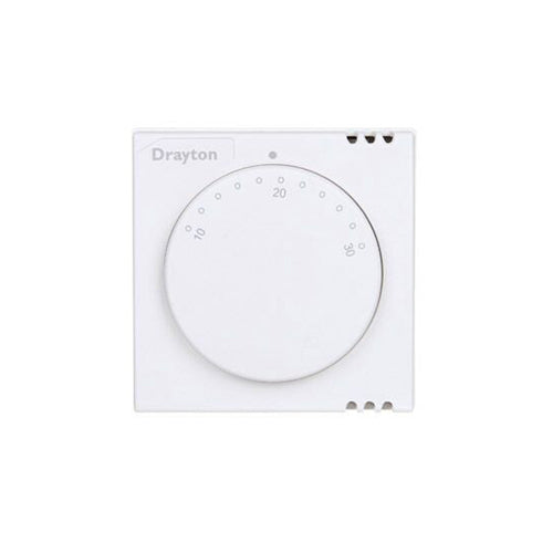 A white Drayton brand room thermostat with a dial interface for temperature adjustment.