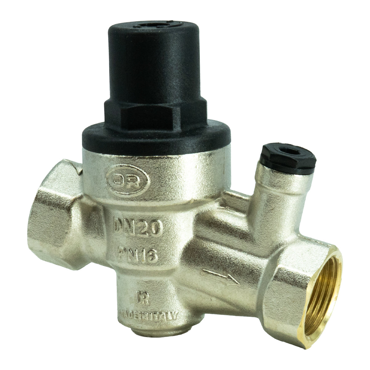 A brass 3/4" Pressure Reducing Valve valve with a black plastic top cap and threaded connections, shown on a solid white background.