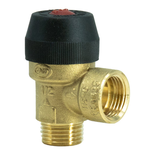 A brass 3 Bar 1/2" Pressure Relief Valve with a MBSP x FBSP connection. Featuring a black ribbed plastic cap and a small red indicator dot on top, shown on a plain white background.