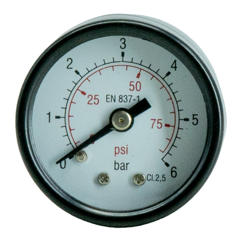 A round 40mm 0–6 Bar Pressure Gauge, ¼" BSP with a Rear Connection. Featuring a black metal housing and a white dial face, featuring black and red markings for psi and bar, with a black needle pointer.