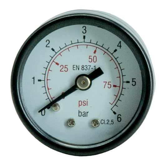 A round 40mm 0–6 Bar Pressure Gauge, ¼" BSP with a Rear Connection. Featuring a black metal housing and a white dial face, featuring black and red markings for psi and bar, with a black needle pointer.