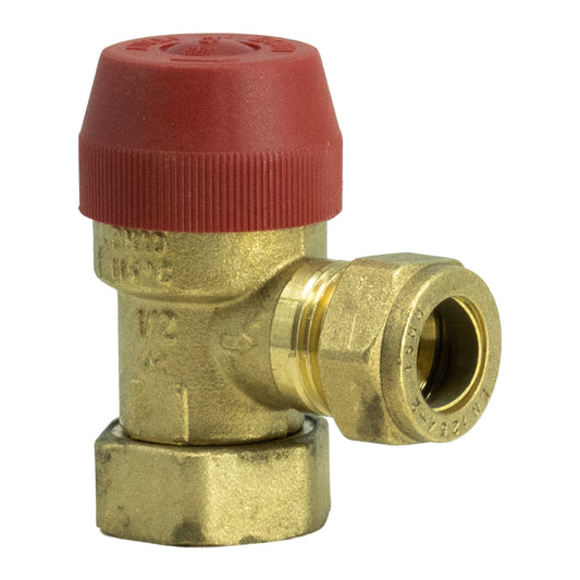A brass 6 Bar Loose Nut Multibloc Pressure Relief Valve with a red plastic cap on the top, isolated on a white background.