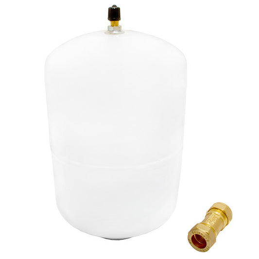 A Varem 2 litre potable expansion vessel & a 15mm check valve (contents of Ariston Kit A) on a white background
