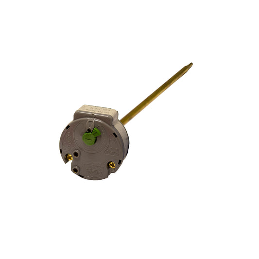 Ariston 11 inch Thermostat with a cylindrical shape, predominantly gray in color, with a sensor bulb attached to a metal stem.