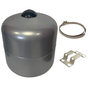 Front/Top View of 8 Litre Grey Potable Expansion Vessel/ Tank with Wrap Around Bracket and Accessories with White Background