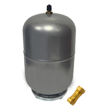 2 Litre Silver Potable Expansion Vessel/ Tank with 15mm Check Valve/ Non Return Valve on White Background