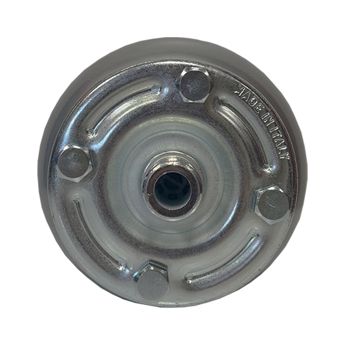 Bottom View of 2 Litre Silver Potable Expansion Vessel/ Tank with 15mm Check Valve/ Non Return Valve on White Background
