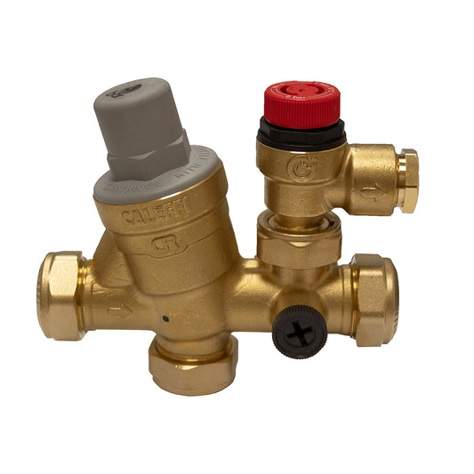 Caleffi branded 3 Bar reducing, 6 Bar relief, 22mm connection with brass cold water inlet loose nut multibloc valve with a grey nut and a red check valve