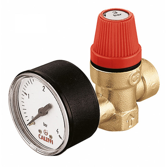 Caleffi 313 Series 3 Bar Pressure Relief Valve with a gauge, featuring a red top and a black dial on the gauge.