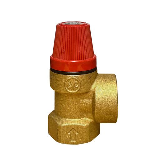 A Caleffi 3 Bar Pressure Relief Valve with a red cap and brass body with a 3/4" MBSP connection