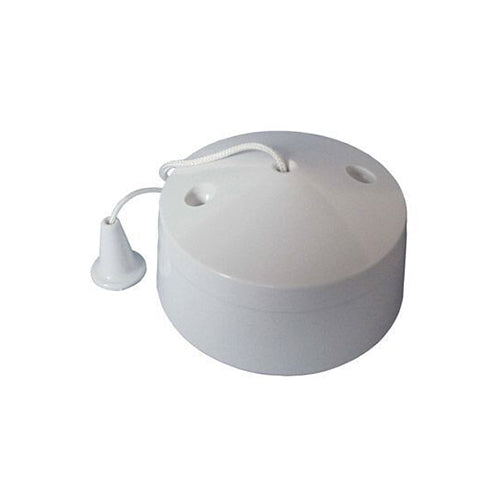 A white ceiling pull switch with a cord attached.
