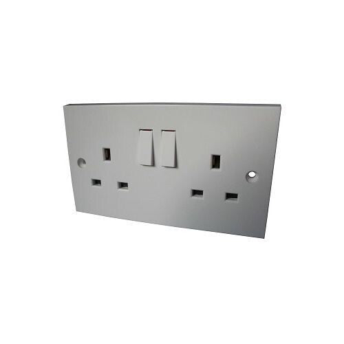 A silver double plug electrical socket with two switches