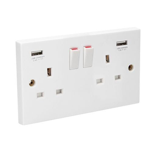 A white switched socket with 3.6 Amp USB charging ports and two UK plug sockets.