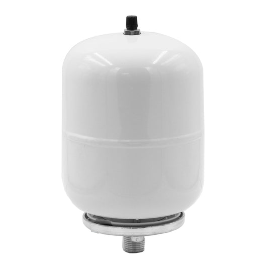 A white cylindrical 2 litre expansion vessel with a metal base and a top black cap, typically used in heating systems.