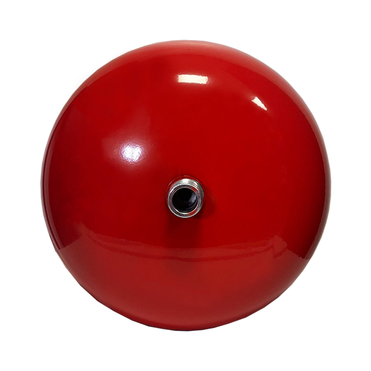 Red expansion vessel, threaded inlet/outlet on a white background