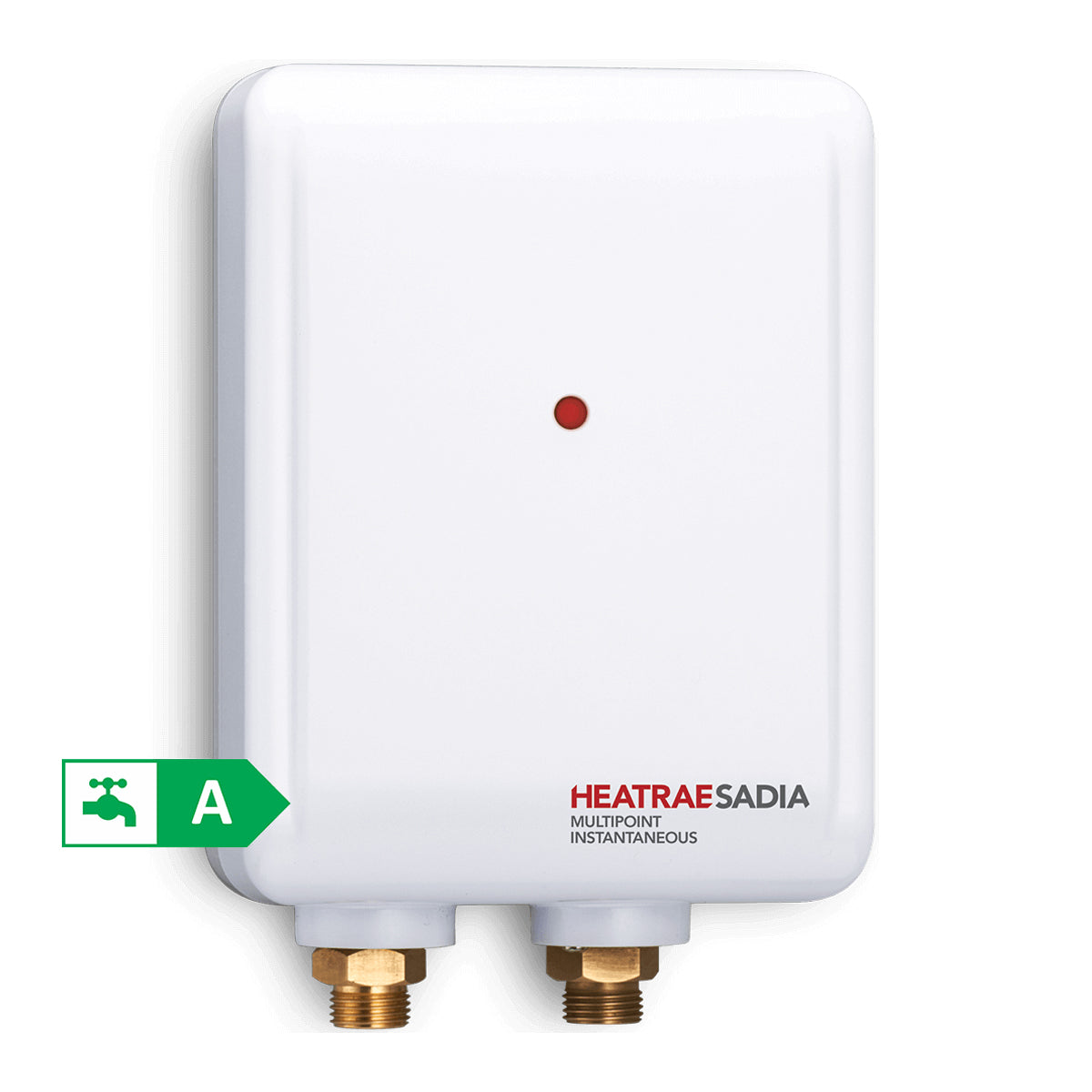 White Heatrae Sadia Instantaneous Multipoint unvented water heater on white background