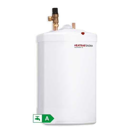 White Heatrae Sadia Multipoint Unvented Water Heater with 15 litre capacity and factory-fitted temperature and pressure relief valve on white background
