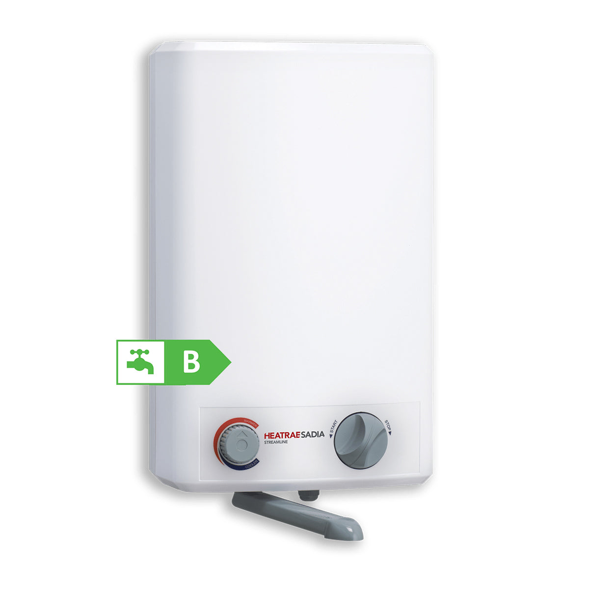 White Heatrae Sadia Streamline Oversink Vented Water Heater with 10 litre capacity and 1kW rating on white background