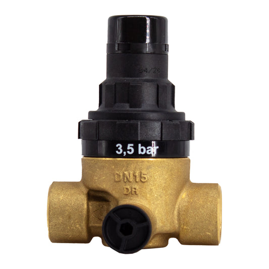 Brass and black valve with pressure indicator on a white background