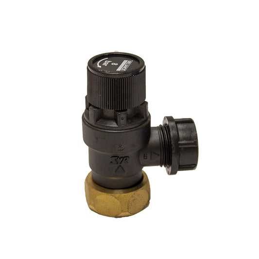 A black 8 Bar Pressure Relief Valve with a gold-colored base.