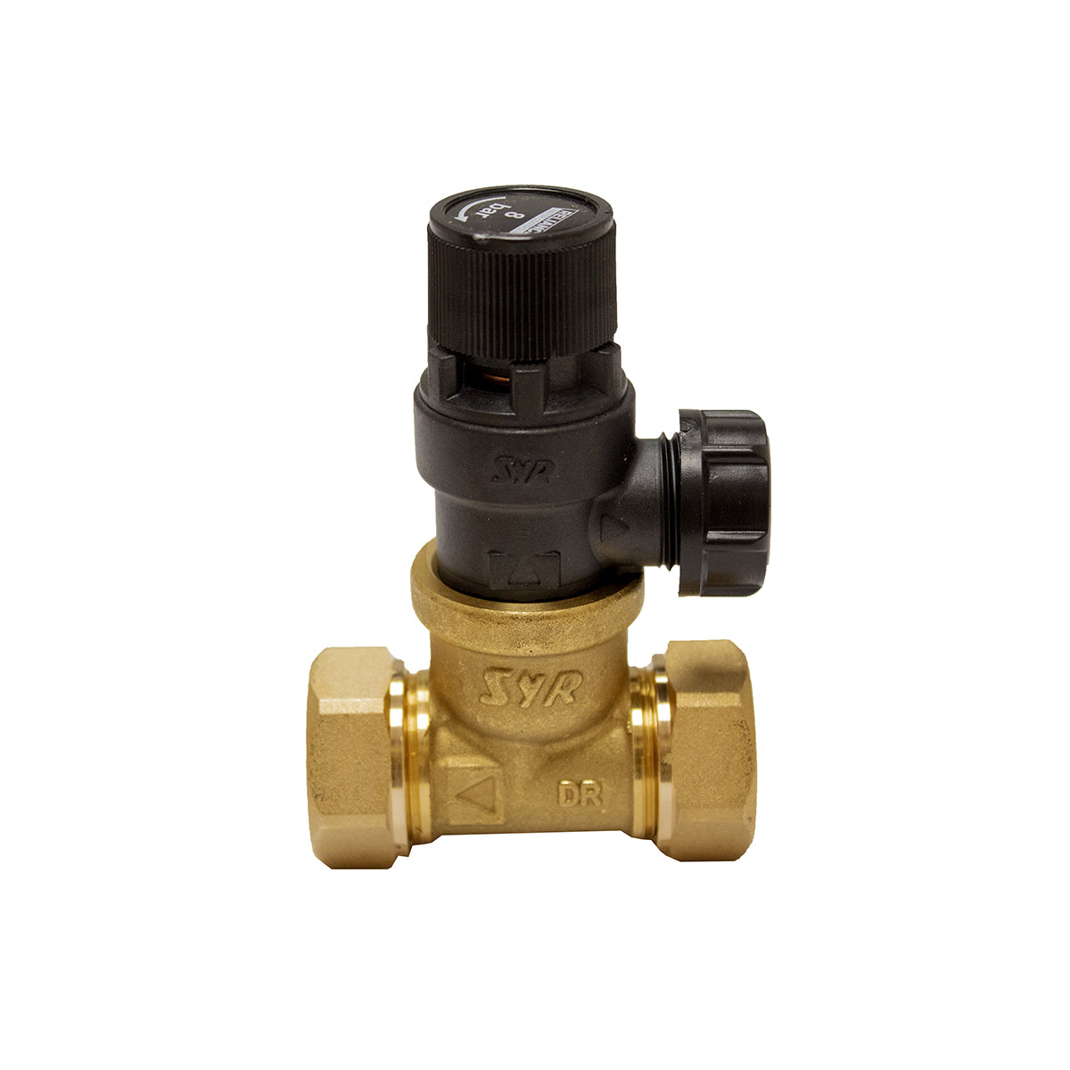 A Heatrae Sadia Megaflo 8 Bar Pressure Relief Valve with a black body and adjustable settings knobs, primarily made of brass.