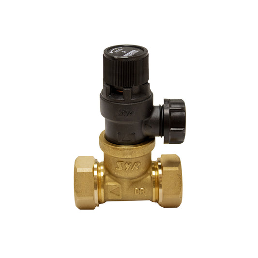 A Heatrae Sadia Megaflo 8 Bar Pressure Relief Valve with a black body and adjustable settings knobs, primarily made of brass.