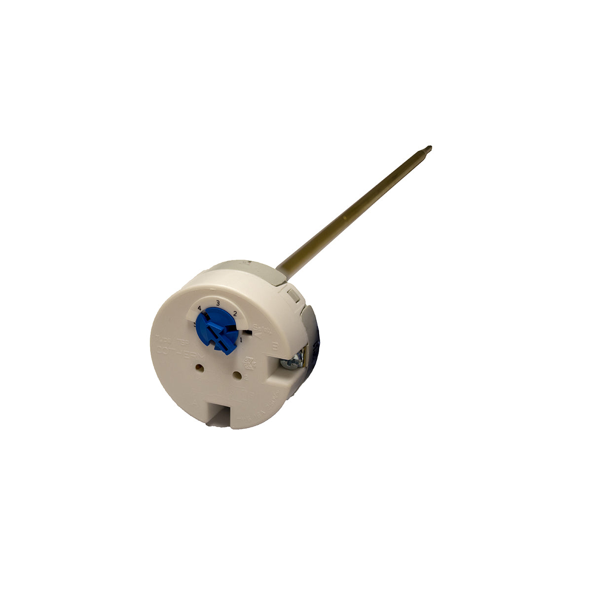 An 11-inch white thermostat cylinder with a blue adjustment knob, used for regulating temperature by turning off the heat source when the set temperature has been reached.