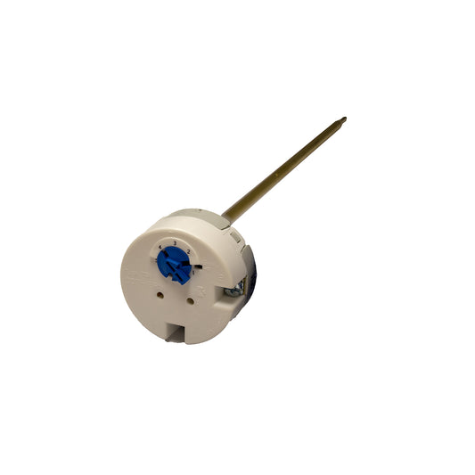 An 11-inch white thermostat cylinder with a blue adjustment knob, used for regulating temperature by turning off the heat source when the set temperature has been reached.