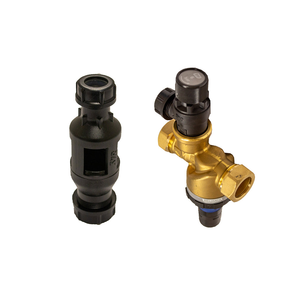 a set of Heatrae Sadia Premier Control Valve, a black tundish, pressure relief valve & pressure reducing valve against a white background.