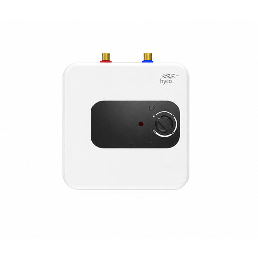 White Hyco Speedflow Unvented Water Heater with 10 Litre Capacity, two connection on the top and turn dial on the front on white background