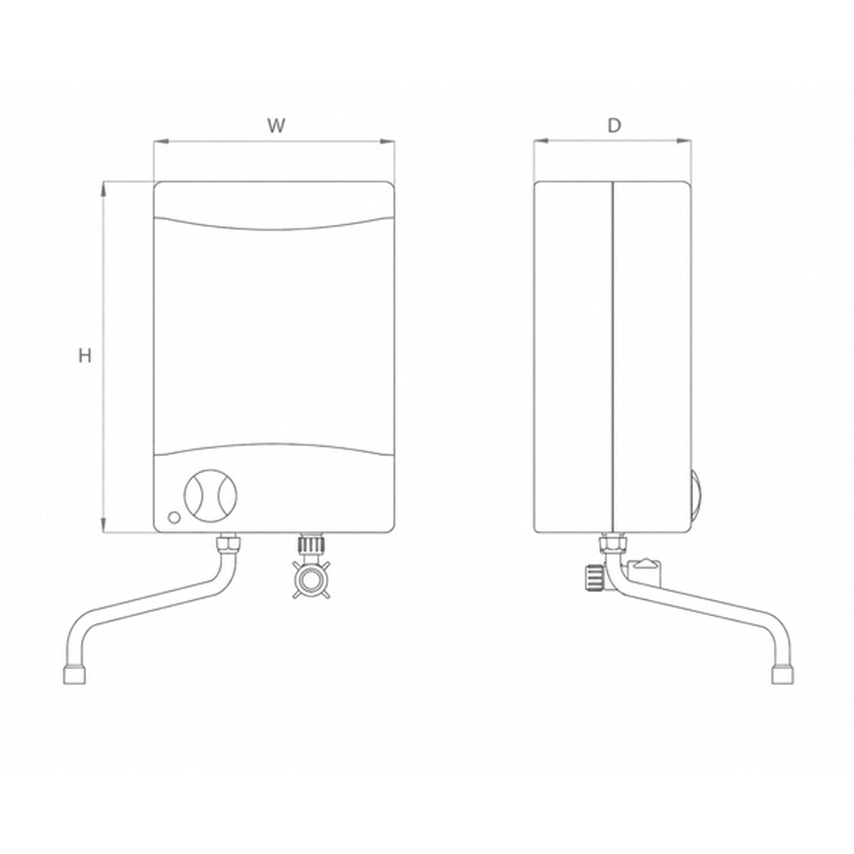 Technical drawing of two dimensional White Wall-Mounted Hyco Handyflow Vented Oversink Point of Use Water Heater with 5 Litre Capacity, labeled with width W, height H, and depth D on white background