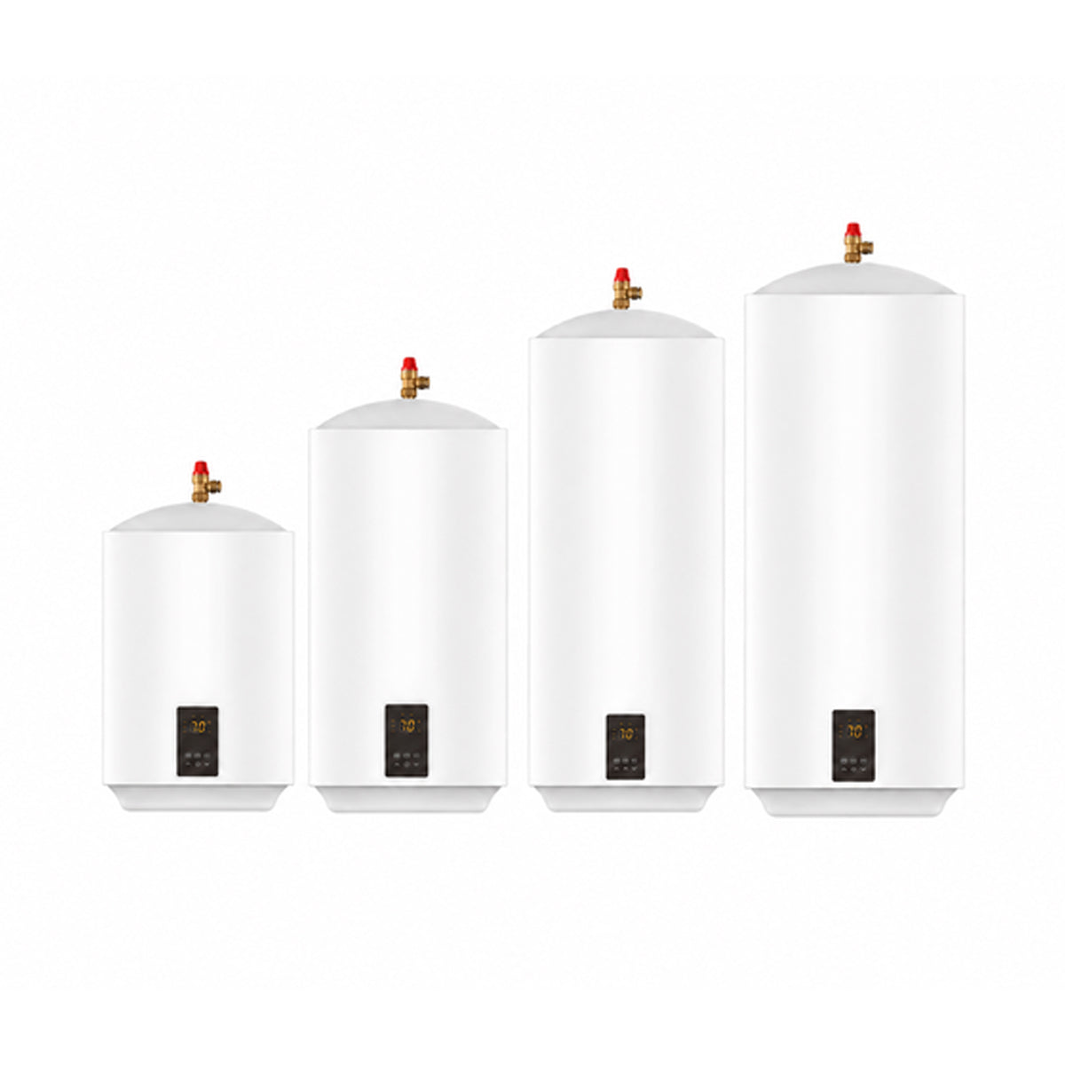 Hyco Powerflow Smart PF50S 50L Unvented Multipoint Water Heater with a small digital control panel and a brass valve with a red cap, with 50 Litre capacity on a plain white background.