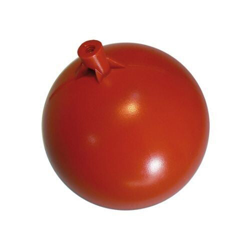 A red plastic float used for regulating water levels, commonly found in agricultural and residential settings.