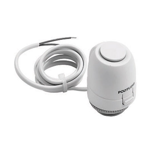 White underfloor heating valve with cable on a white background