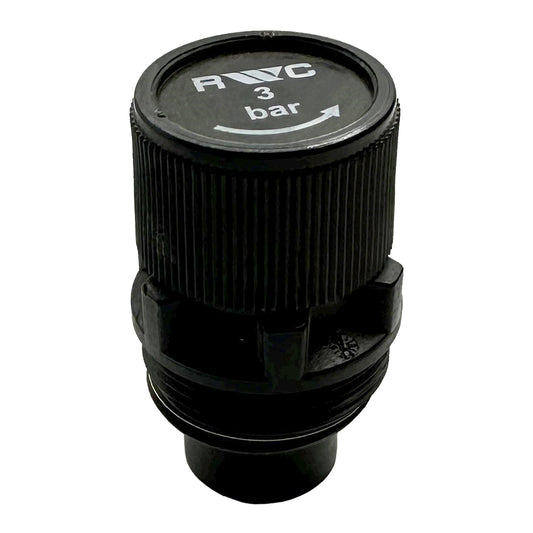 A black 3 Bar pressure relief cartridge with the branding 'R&C' visible on the top, designed for use in unvented systems.