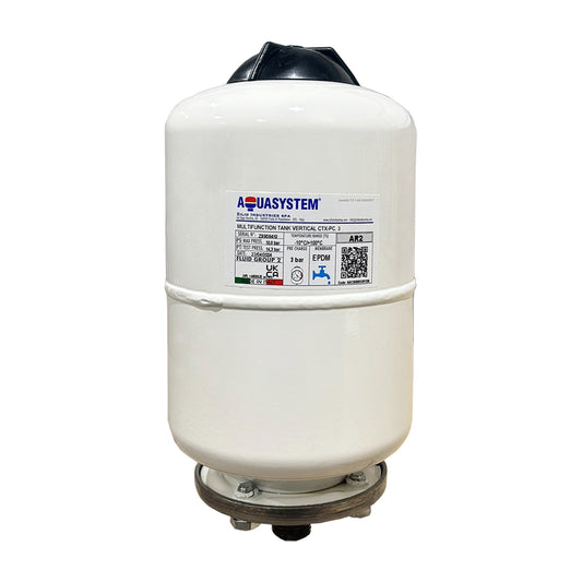 A white, vertical, 2 litre Aquasystem expansion vessel with a bolted flange and a label with product information.