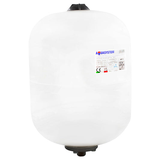A white vertical Aquasystem expansion vessel with a bolted flange at the base and branding on the side.