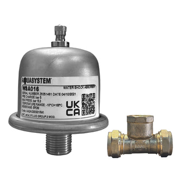 Potable Shock Arrestor Expansion Vessel with 15mm Tee with Reliance Aquasytem label on white background