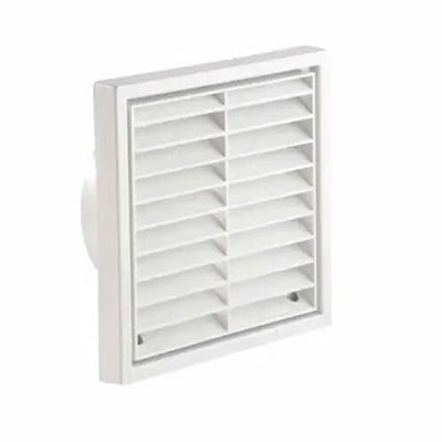 A white plastic ventilation grille with a louvre design.