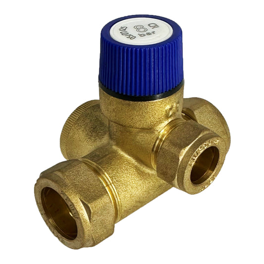 OEM Replacement Brass three-way valve with blue handle on a white background