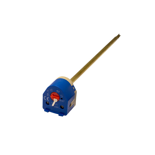 A blue and gold Tesla 18 inch Dual Safety Rod Thermostat for immersion heaters with a red adjustment knob.