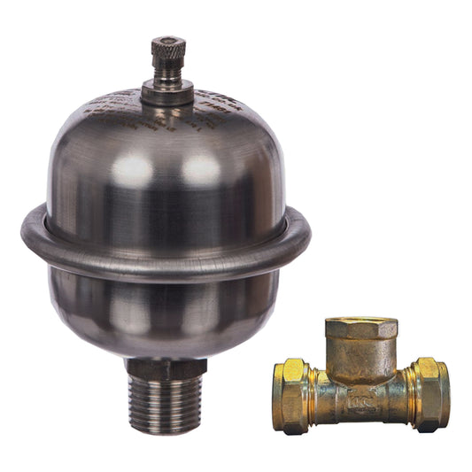 Altecnic Reflex 0.16 Litre Potable Shock Arrestor with 15mm Tee on White BAckground