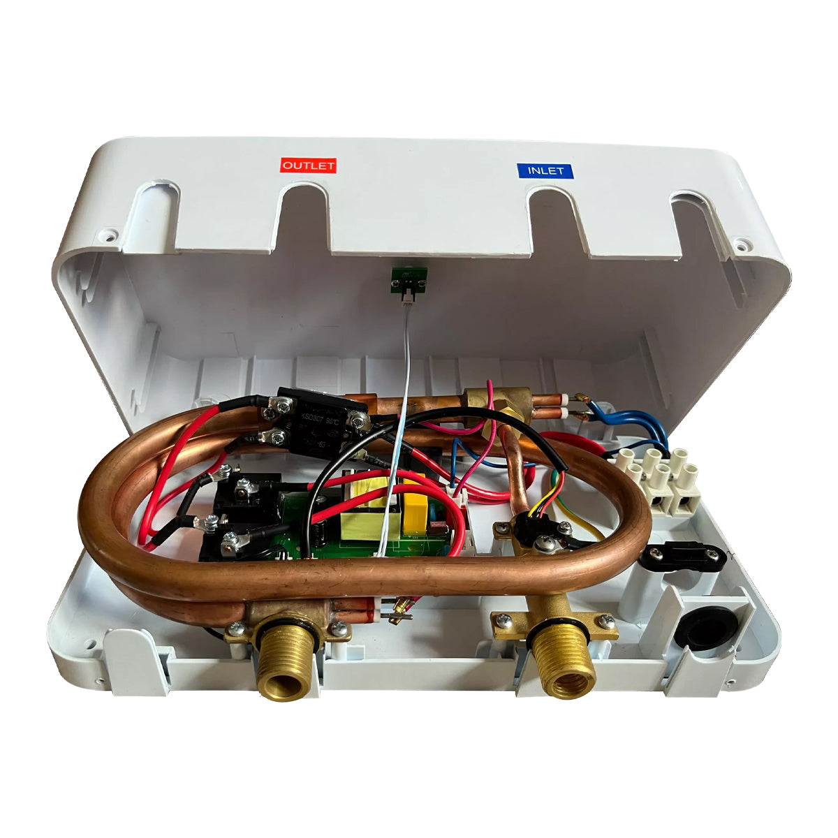 Electrics & internal components of the Redring 12kW Powerstream Instantaneous Water Heater on a white background