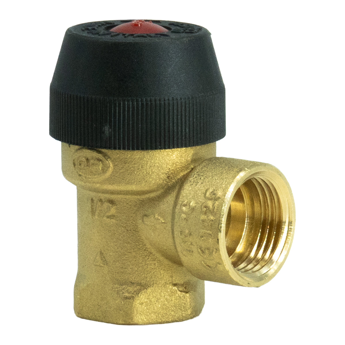 A brass 1/2" 3 Bar  Pressure Relief Valve with a black plastic adjustment knob and a small red center cap, isolated on a white background.