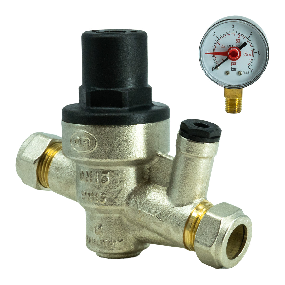 A brass 15mm Pressure Reducing Valve with a black top cap and a separate round pressure gauge shown in the upper right, on a plain white background.