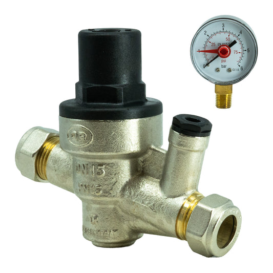 A brass 15mm Pressure Reducing Valve with a black top cap and a separate round pressure gauge shown in the upper right, on a plain white background.