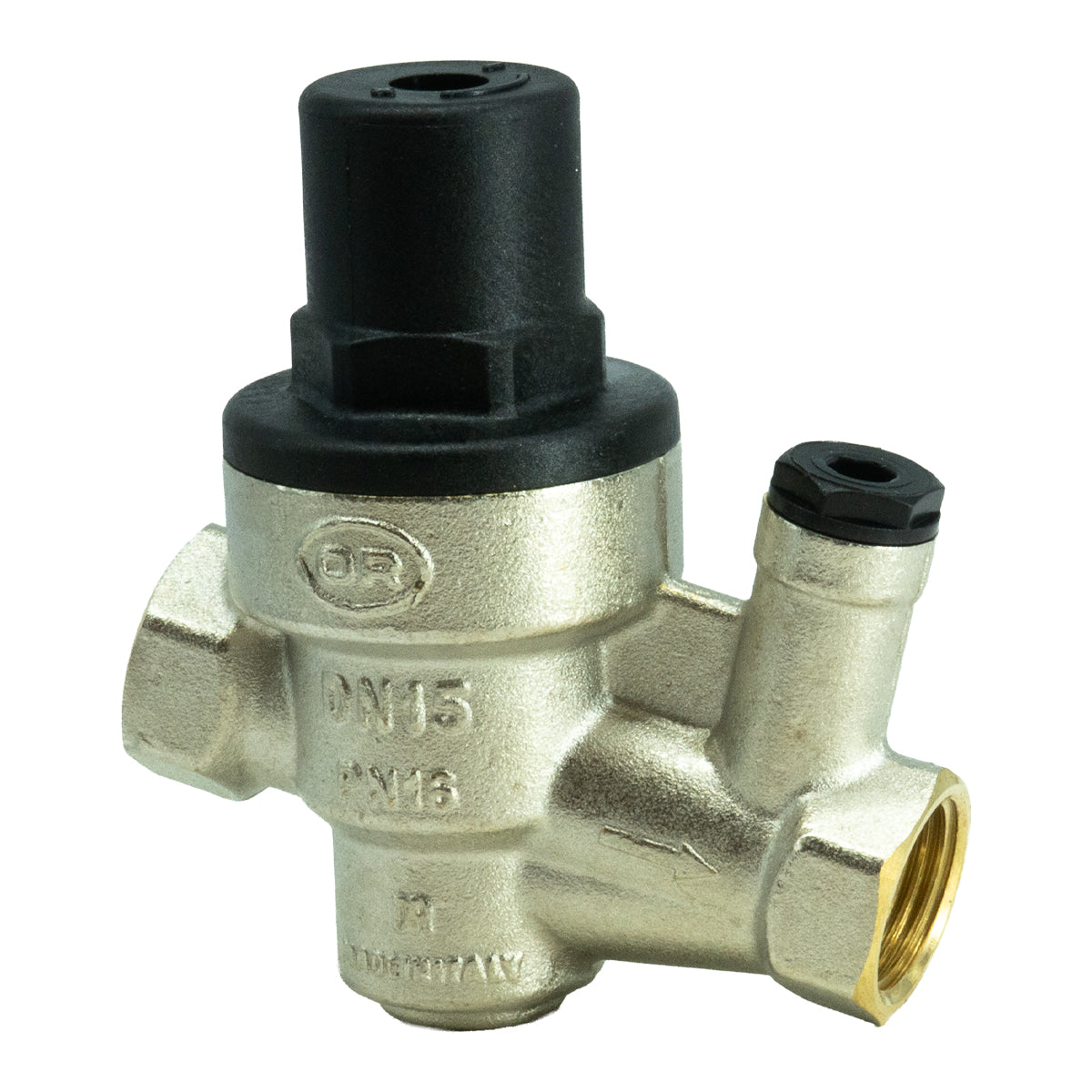 A brass 1/2" Pressure Reducing Valve, 1-6 Bar with a black plastic top cap, featuring embossed 'DR' branding and 'DN15 PN16' specifications, on a plain white background.